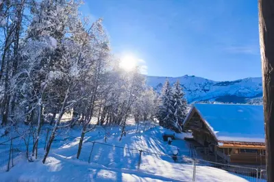 a winter view of a cabin with snow covered trees at Cozy apartment with pool and golf nearby in Megève