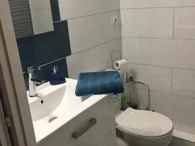 a bathroom with a toilet and a sink with a blue towel at Studio cosy pour 4 à Samoëns - FR-1-846-4 in Samoëns