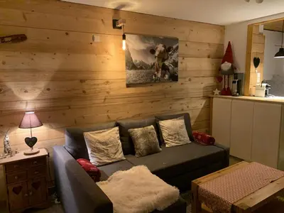 a living room with a couch and a wooden wall at Studio confortable à Samoëns 1600 pour 4 personnes - FR-1-846-3 in Samoëns