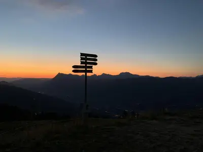 a pole with six lights on a hill at sunset at Studio confortable à Samoëns 1600 pour 4 personnes - FR-1-846-3 in Samoëns