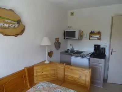 a small kitchen with a stove and a microwave at Studio cosy pour 4 à Samoëns - FR-1-846-22 in Samoëns