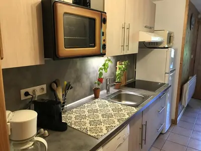 a kitchen with a sink and a microwave at Charmant appartement avec WiFi à Samoëns - FR-1-846-20 in Samoëns