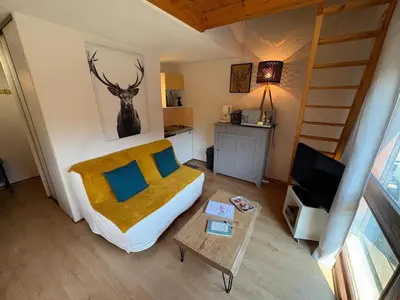 a small living room with a bed and a television at Studio avec mezzanine, balcon et parking privé - Animaux acceptés - FR-1-836-9 in Arâches-la-Frasse