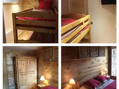a collage of four pictures of a bedroom at Appartement rénové 50 m², 2 chambres, centre, WIFI - FR-1-836-6 in Arâches-la-Frasse