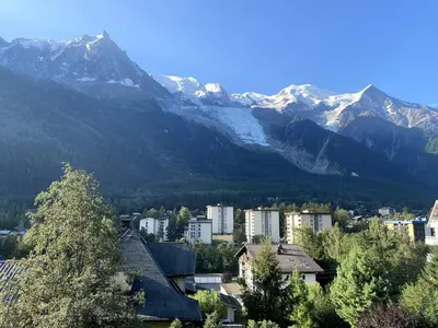 a city with snow capped mountains in the background at Charmant studio Chamonix in Chamonix-Mont-Blanc