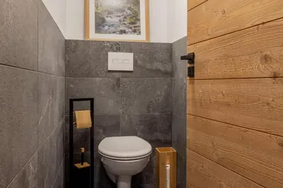 a bathroom with a white toilet in a room at Alpine Bliss - Sources, Ski in Saint-Gervais-les-Bains