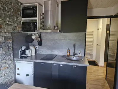 a kitchen with a sink and a stone wall at Studio rénové pour 4 au pied de la piste de luge - FR-1-836-13 in Arâches-la-Frasse