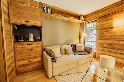 a living room with a couch and a tv at Le Majestic - Proche pistes et centre ville in Megève