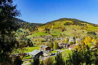 a small town on a hill with houses and trees at Le Majestic - Proche pistes et centre ville in Megève