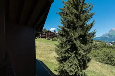 a christmas tree standing next to a house at 2 bedroom apartment, in Saint-Gervais-les-Bains