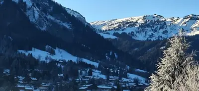 a view of a mountain with snow covered mountains at Joly Story in Megève
