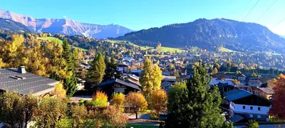 a town in the mountains with trees and houses at Joly Story in Megève