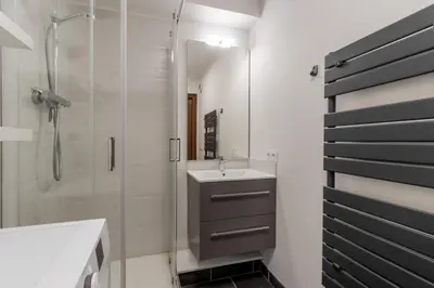 a bathroom with a shower and a sink and a mirror at Grand Balcon 7 in Les Houches