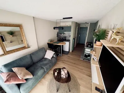 a living room with a couch and a table at Studio cosy rénové avec balcon sud - 2 pers. - FR-1-836-15 in Arâches-la-Frasse