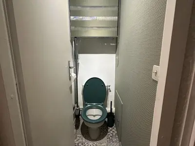 a bathroom with a green toilet in a stall at Studio cosy rénové avec balcon sud - 2 pers. - FR-1-836-15 in Arâches-la-Frasse