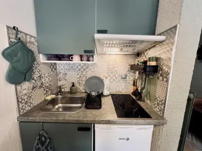 a small kitchen with a sink and a counter at Studio cosy rénové avec balcon sud - 2 pers. - FR-1-836-15 in Arâches-la-Frasse