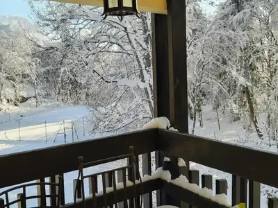 a balcony with a view of snow covered trees at Charmant T2 à Arâches-la-Frasse, pour 4 personnes - FR-1-836-19 in Arâches-la-Frasse