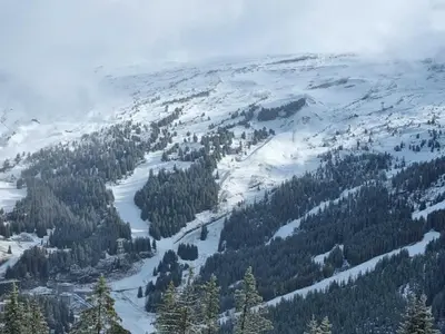 a snow covered mountain with trees and a river at Studio 4 pers avec balcon au pied des pistes - FR-1-687-117 in Arâches-la-Frasse
