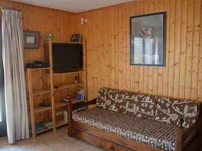 a living room with a couch and a television at Charmant 2 pièces avec WIFI et 4 couchages à Le Pernant - FR-1-836-16 in Arâches-la-Frasse