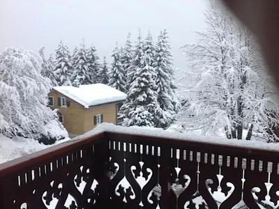 a balcony with snow covered trees and a house at Appartement 2 chambres, pied de piste, parking, 6 personnes - FR-1-836-18 in Arâches-la-Frasse