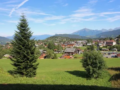 a green field with a town and a pine tree at Appartement 2 chambres, pied de piste, parking, 6 personnes - FR-1-836-18 in Arâches-la-Frasse