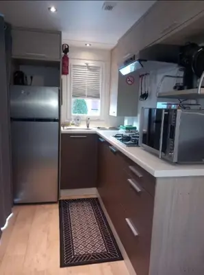 a kitchen with a stainless steel refrigerator and a microwave at Joli mobil home tout équipé 4 personnes in Samoëns