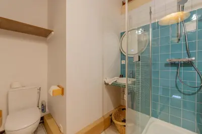 a bathroom with a toilet and a glass shower at Hautes Aiguilles 29 in Chamonix-Mont-Blanc