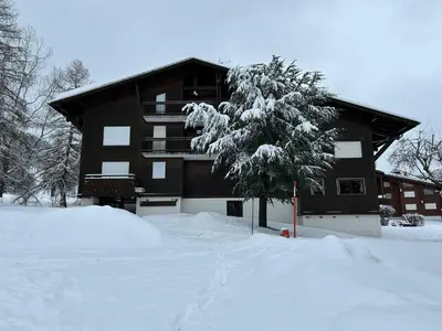 a snow covered house with a tree in front of it at F1 tout confort Megève skis aux pieds in Megève