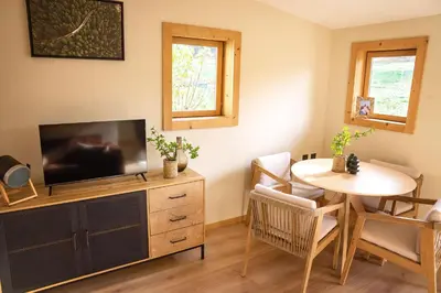 a living room with a table and a television and a table and chairs at Maison nature, ski, randos in Passy
