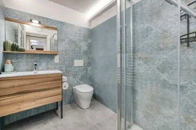 a bathroom with a toilet and a glass shower at Nid du Pic - Cozy alpine retreat with private garden in Chamonix in Chamonix-Mont-Blanc
