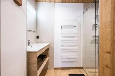 a bathroom with a sink and a shower at L'Eterle - Grand chalet avec terrasse et jardin in Les Contamines-Montjoie