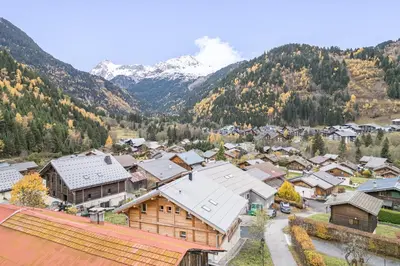 an aerial view of a village in the mountains at L'Eterle - Grand chalet avec terrasse et jardin in Les Contamines-Montjoie