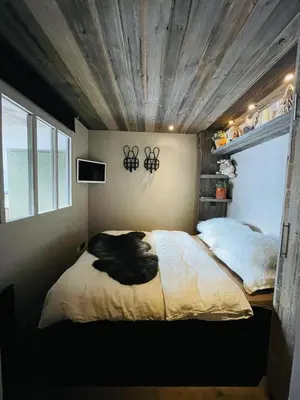 a cat laying on a bed in a bedroom at Cimes Lodge - Wood & Mountain in Demi-Quartier