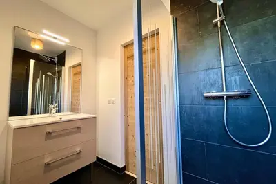 a bathroom with a shower and a sink at Bright apartment with balcony and stunning views in Megève