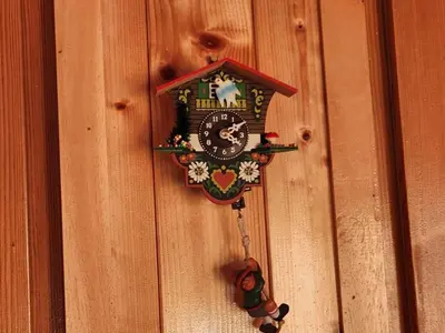 a clock on the side of a wooden wall at Confortable T3 au cœur de Samoëns avec WIFI et parking - FR-1-629-152 in Samoëns