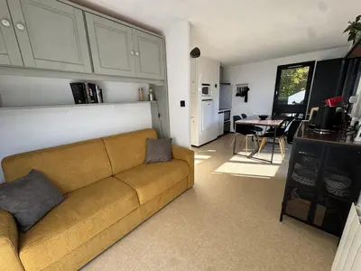 a living room with a brown couch and a kitchen at Studio 4 pers, cuisine équipée, parking privé, non-fumeur - FR-1-836-43 in Arâches-la-Frasse
