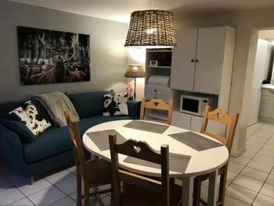 a living room with a table and a blue couch at Appartement Chalet 2 Chambres - 6 Pers, Wifi, Parking - FR-1-836-27 in Arâches-la-Frasse