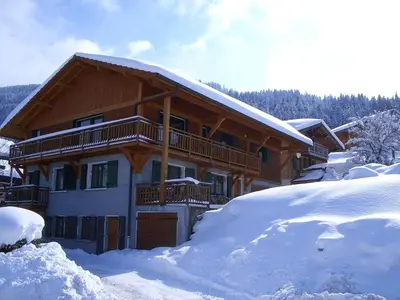 a large wooden house with snow in front of it at Appartement Chalet 2 Chambres - 6 Pers, Wifi, Parking - FR-1-836-27 in Arâches-la-Frasse