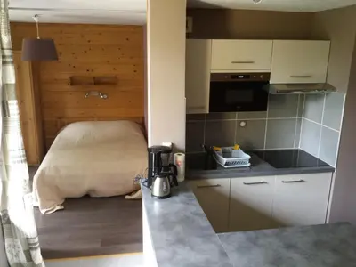 a small kitchen with a bed in a room at Appartement rénové - 1 chambre, 6 personnes, animaux acceptés - FR-1-836-34 in Arâches-la-Frasse