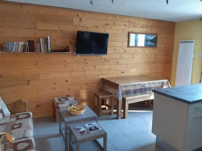 a living room with a wooden wall with a flat screen tv at Appartement rénové - 1 chambre, 6 personnes, animaux acceptés - FR-1-836-34 in Arâches-la-Frasse