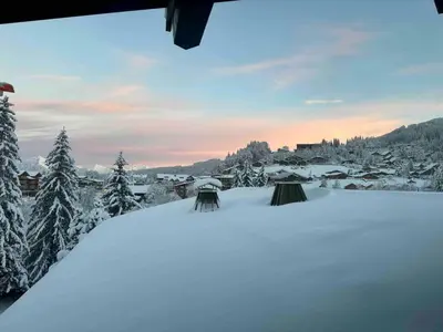 a snowy yard with two tents in the snow at Duplex 4 chambres, centre à 4min, skibus à la porte, WiFi - FR-1-836-53 in Arâches-la-Frasse