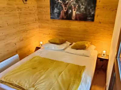 a bedroom with a bed with two deer paintings on the wall at Appartement 2 pièces au pied de la télécabine avec animaux admis et parking - FR-1-836-30 in Arâches-la-Frasse