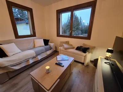 a living room with a couch and a table at Appartement neuf 2 chambres avec parking, rez-de-jardin - FR-1-836-52 in Arâches-la-Frasse