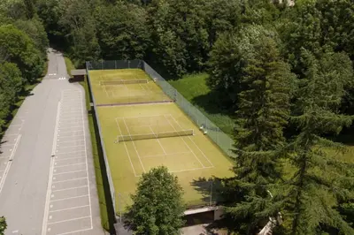 an overhead view of two tennis courts with trees at Superb apartment in Megève in Megève