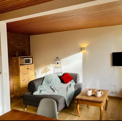 a living room with a couch and a table at Bright apartment for 6 people in Chamonix in Chamonix-Mont-Blanc