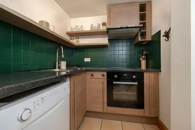 a kitchen with green tiled walls and a sink at Cozy Sleeps 4 Mountain view 300m lift in Chamonix-Mont-Blanc