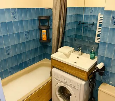 a bathroom with a washing machine and a sink at Bright apartment in the heart of Chamonix in Chamonix-Mont-Blanc