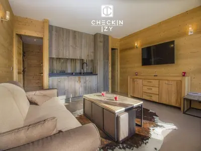 a living room with a couch and a tv at Studio cabine cosy Megève parking gratuit in Megève