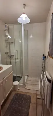 a bathroom with a shower and a toilet and a sink at Bel appartement in Samoëns
