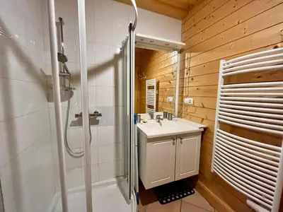 a bathroom with a shower and a sink and a toilet at Confortable T2 avec jardin, animaux acceptés - FR-1-624-188 in Samoëns